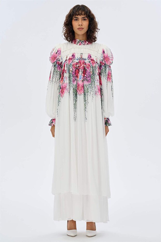 Firfir Detailed Ruched Dress Ecru