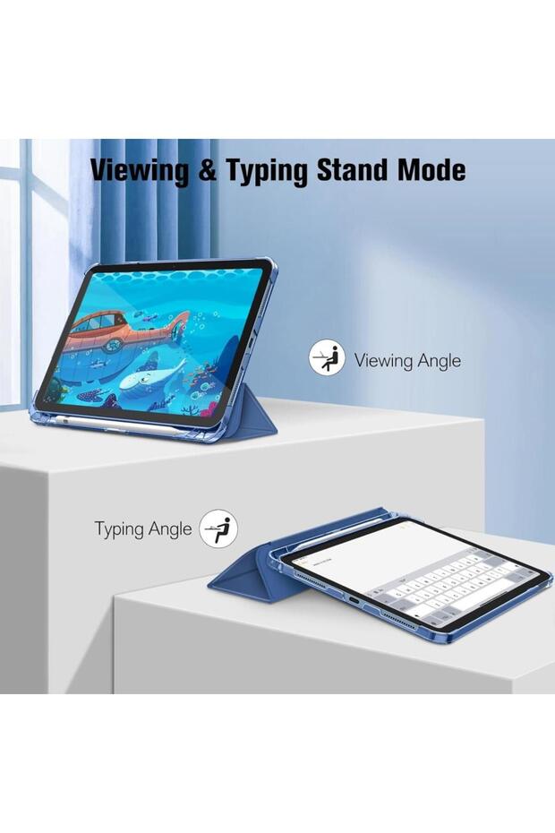 Apple iPad 11. NESİL A16 ve 10.NESİL 10.9 Uyumlu Flip Kılıf Gri + Bluetoothlu Klavye Mouse + Kalem - 5