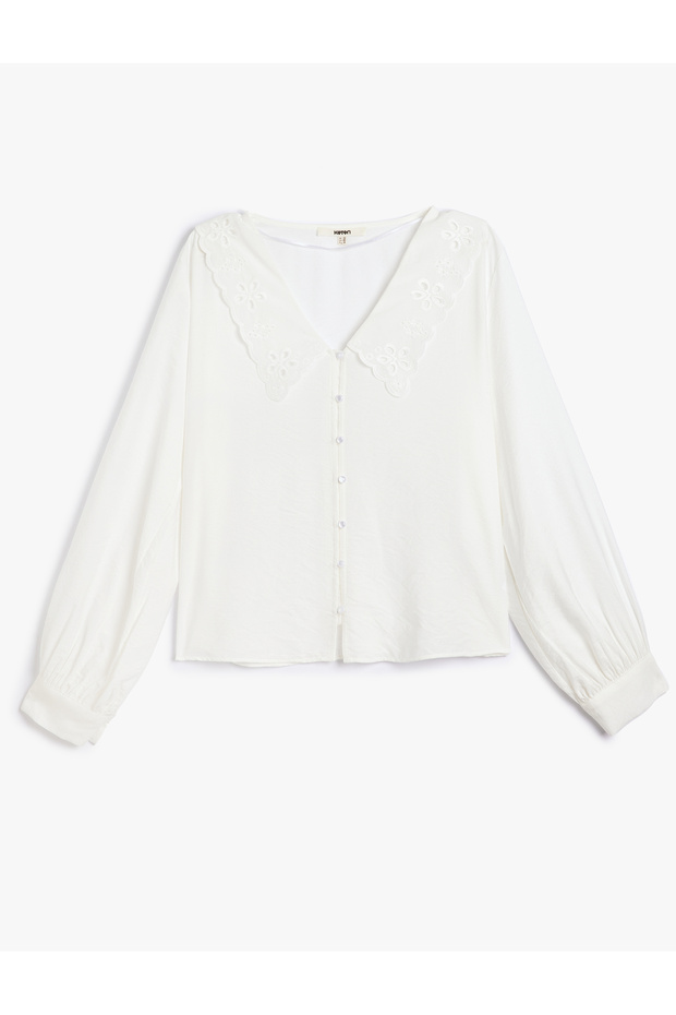 Scalloped Shirt Long Sleeve Wide Pointed Collar Viscose Fabric
