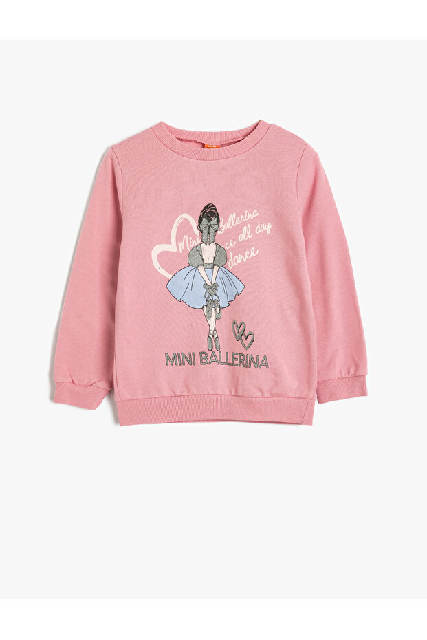 Sweatshirt with Ballerina Print and Glitter Detail, Crew Neck, Long Sleeves