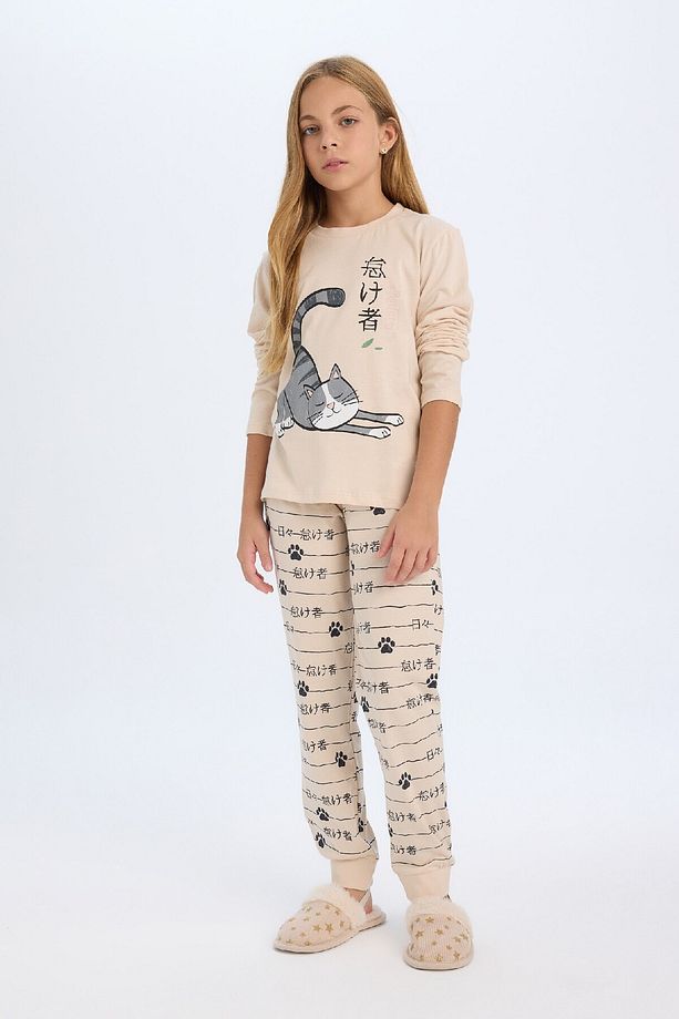 Kız Çocuk Pijama Takımı Kedi Baskılı Uzun Kollu Üst Uzun Alt D2118a824au - 1