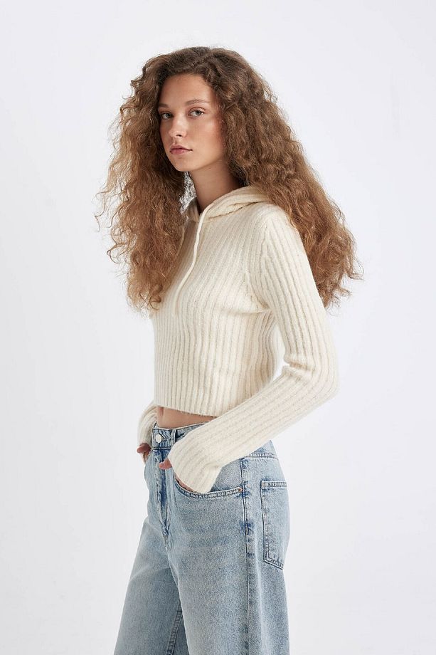 Regular Fit Basic Düz Kapüşonlu Crop Triko Kazak C7333ax24wn - 4