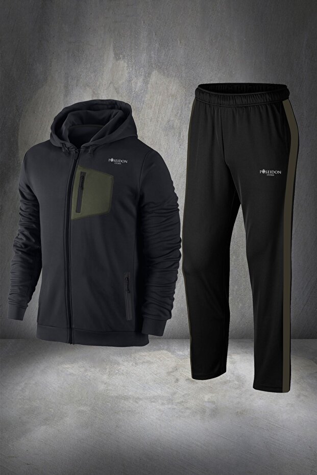 Battal Size Men's Black Special Supra Combed Cotton Comfortable Front Pocket Detailed Tracksuit Set 4Xl-10Xl