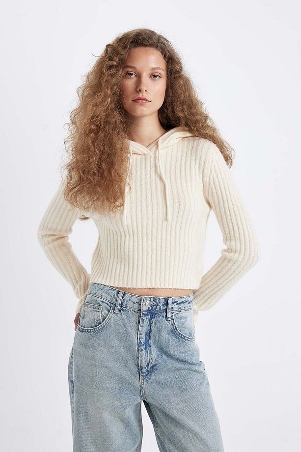 Regular Fit Basic Düz Kapüşonlu Crop Triko Kazak C7333ax24wn - 3
