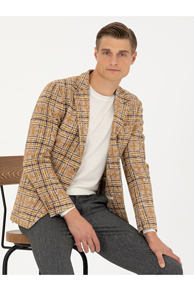 Yellow Slim Fit Plaid Wool Blended Sports Jacket 50272719-Vr044
