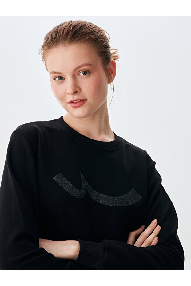 Düz Sıfır Yaka Uzun Kollu Basıc Siyah Sweatshırt - 5