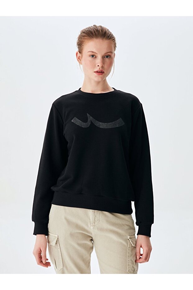 Düz Sıfır Yaka Uzun Kollu Basıc Siyah Sweatshırt - 2