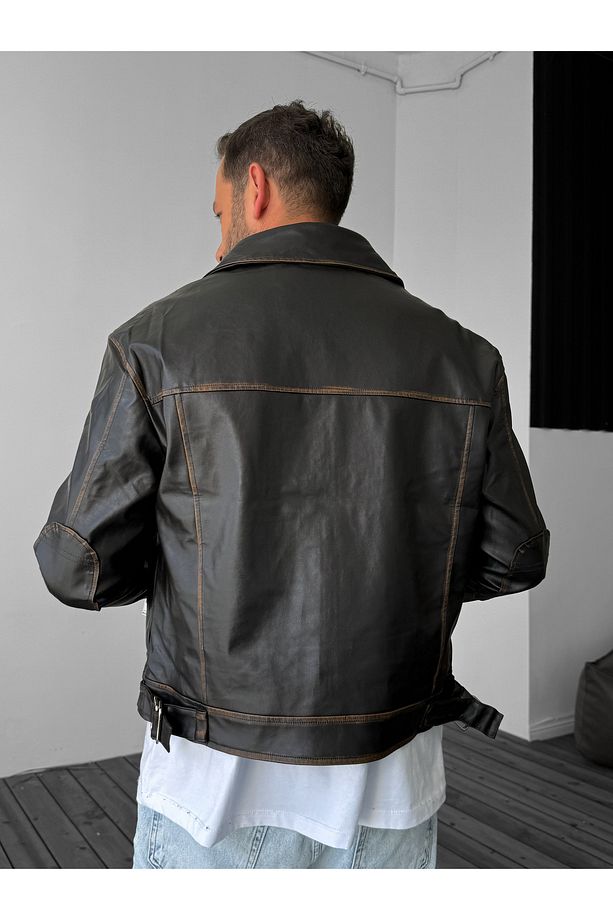 Taba Yıkama Desenli Deri Ceket G-5505 - 6