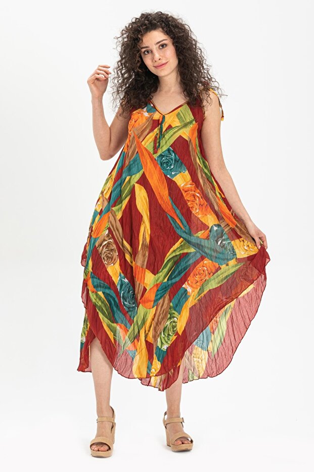 Strappy Voile Aphrodite Midi Length Summer Dress Claret Red 6151