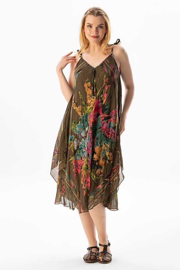 Khaki Midi Aphrodite Dress - Strappy Voile Summer Model 6061