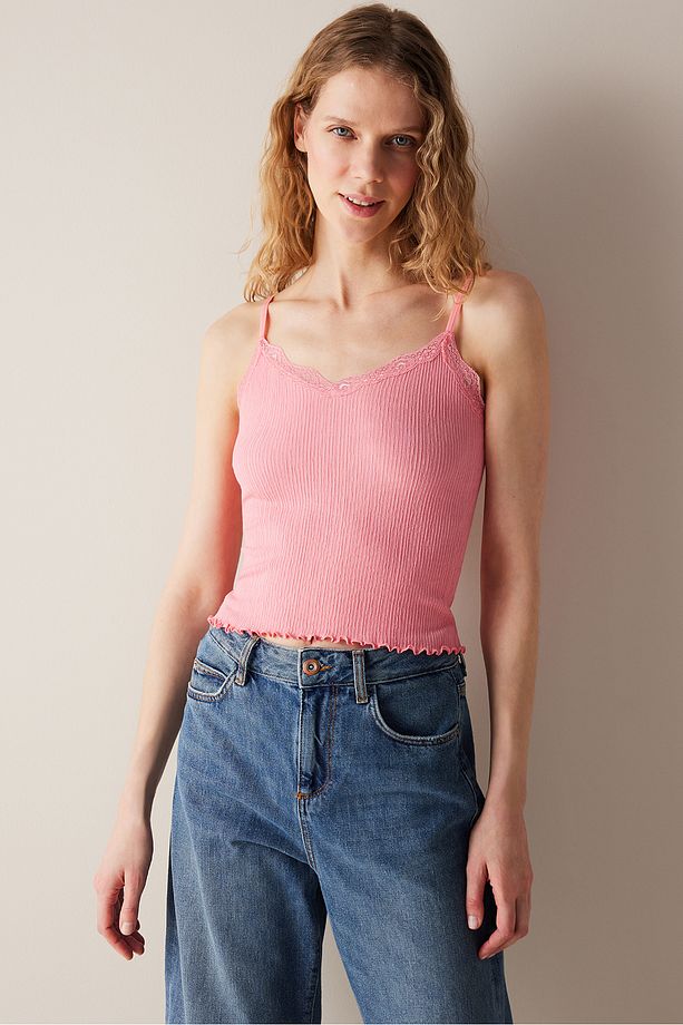 Lace Textured Dantel  Pembe Üst - 1