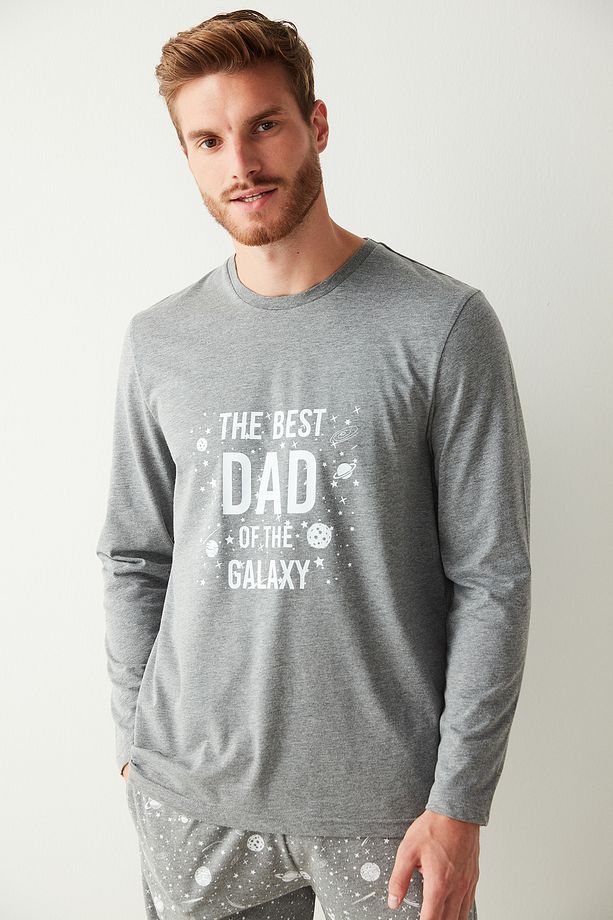 Gri Erkek The Best Dad Of The Galaxy Slogan Baskılı Pijama Takımı - 1