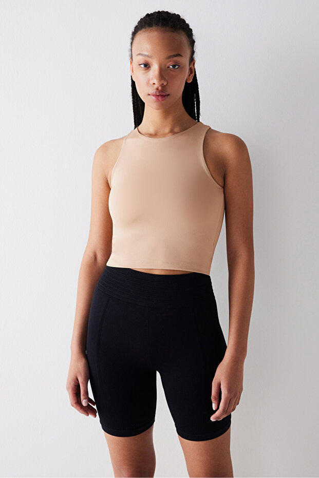 Halter Yaka Bej Crop Üst - 1