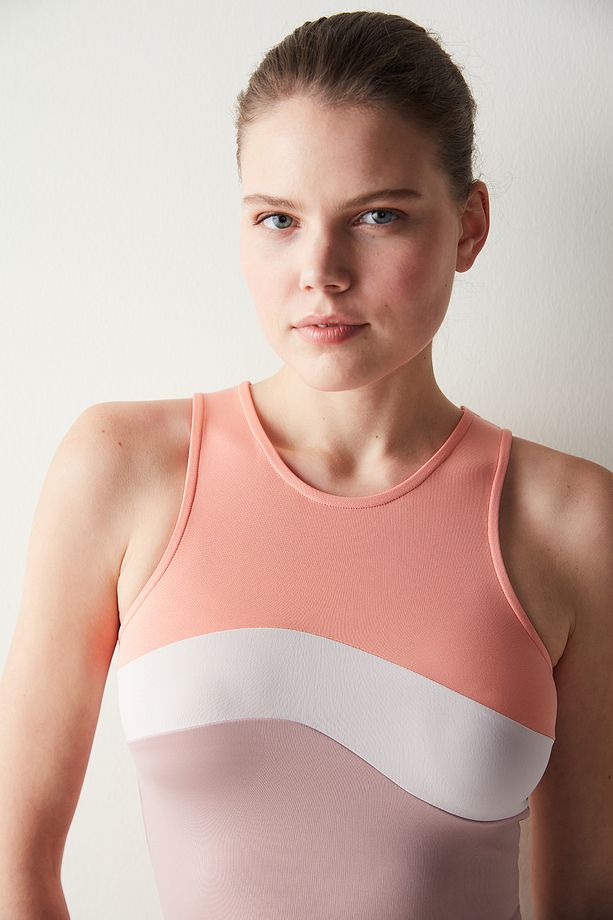 Gül Kurusu Halter Yaka Colorblock Crop Top - 3