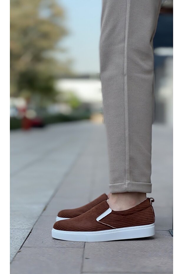 BA0339 Laceless Velvet Brown White Sole Casual Men's Shoes