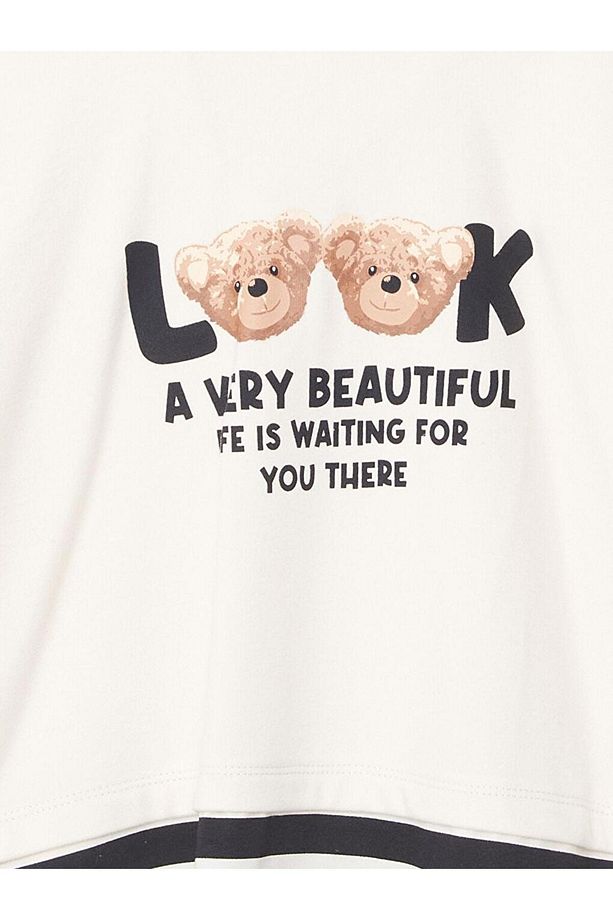 Kapüşonlu Baskılı Uzun Kollu Kız Çocuk Crop Sweatshirt - 2