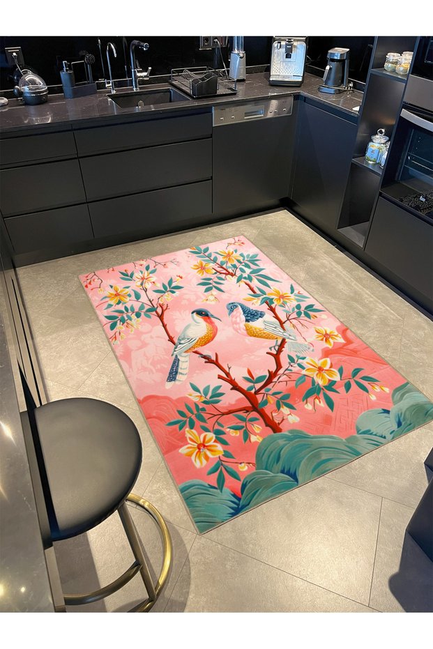 Paris Collection Pink Themed Tree and Bird Patterned Creative Modern Decorative Carpet 73