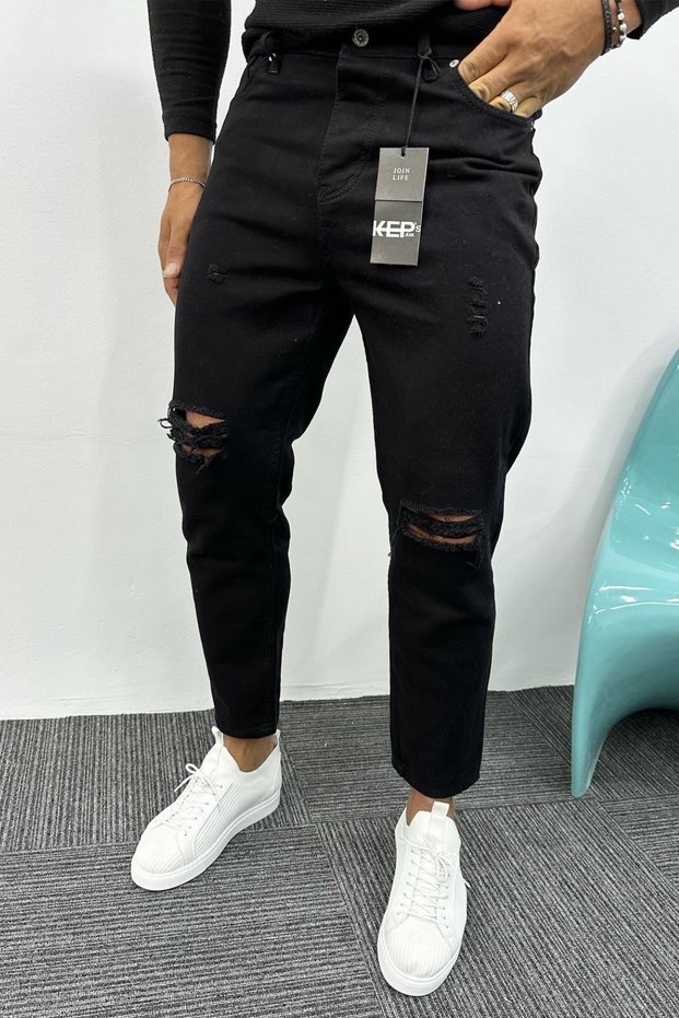 Boyfriend Mold Men's Black Jeans with Ripped Detail Ke-283