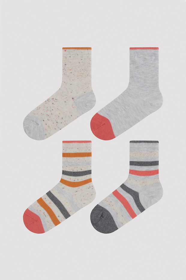 Girl's Pink Gray Striped 4-Piece Socks