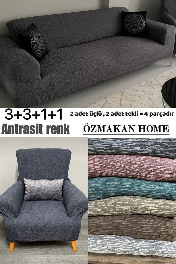 Streç Lastikli Esnek Yıkanabilir Pamuklu 3 3 1 1 Jakarlı Koltuk Örtüsü Takımı - 1