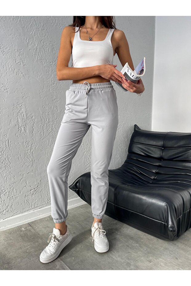 Women's Gray Plus Size Jogger Cotton Lined Winter Sweatpants with Elastic Waist and Cuffs in Diver Fabric