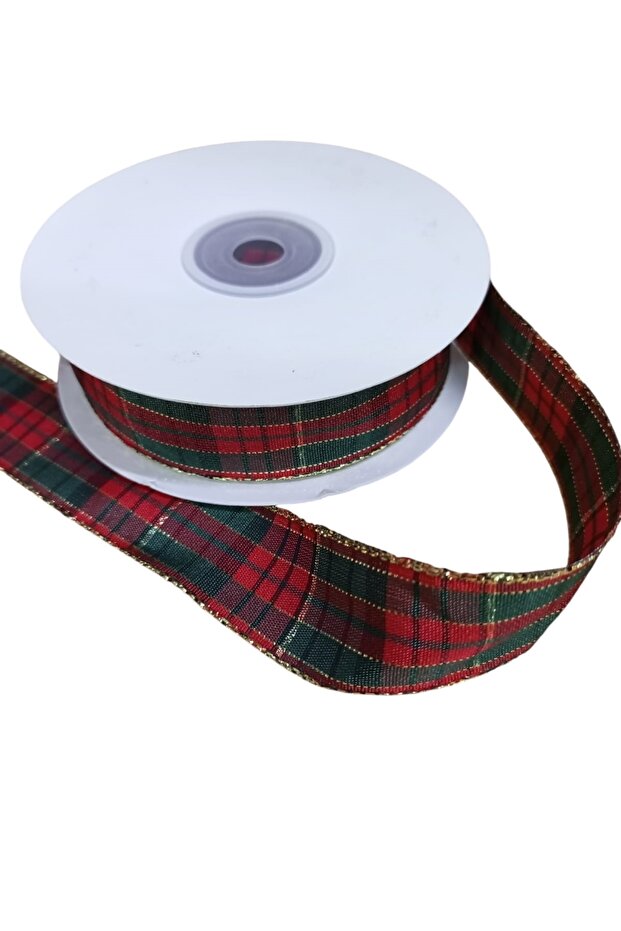 2.5 cm Green Red Plaid Pattern - Cloth Gold Glitter Ribbon 20 m