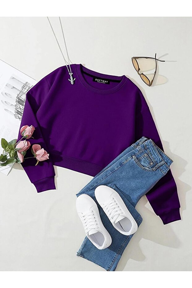 Women's Basic Crop Oversize Sweatshirt with Fleece Inside – Purple