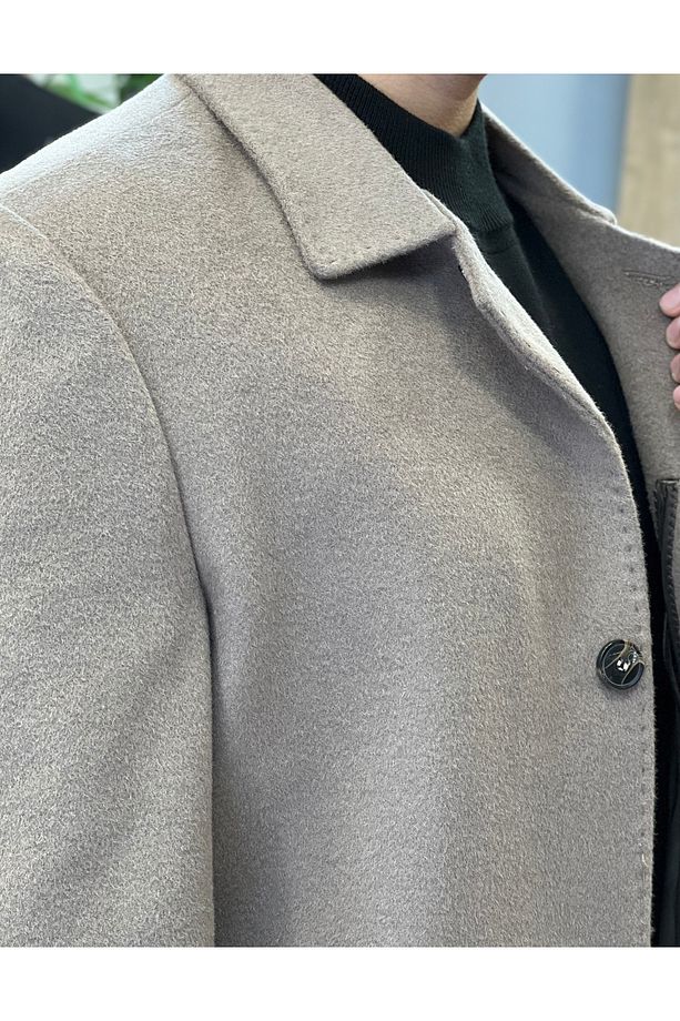 bej vizon palto parsesü model kışlık ceket yaka yünlü kumaş uzun erkek kaban - 4