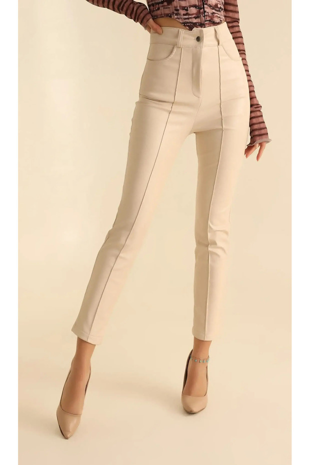 Women's Fleece Skinny Leg Front Stitched Full Stretchy High Waist Zippered Buttoned Leather Pants