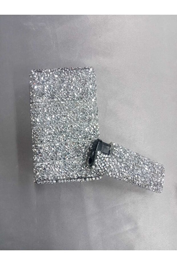 Gümüş Parlak Sivri Kristal Taşlı Touch Sigara Kutusu ve Çakmak (DOLABİLEN) - 1