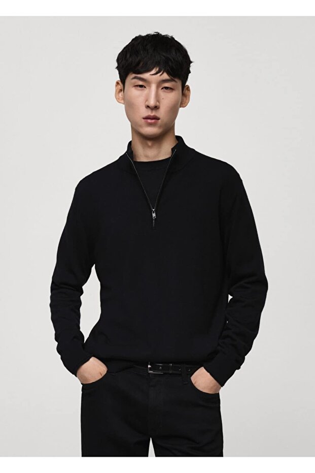 %100 Merino Yünlü Fermuarlı Yakalı Kazak - 1