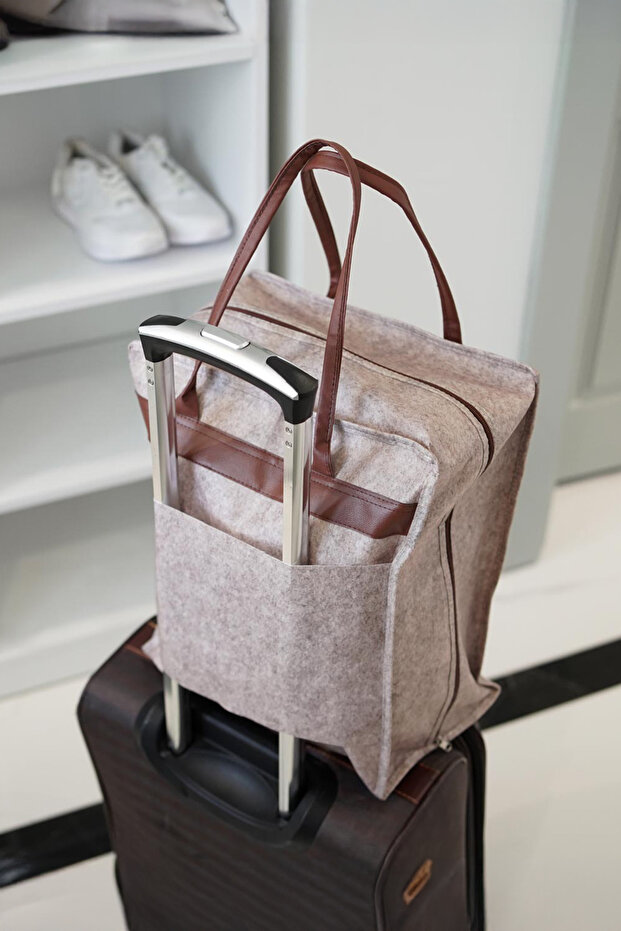 Leather Handle Felt Shoe Organizer, Travel Bag Compatible, 35x22x40cm, Cream Color