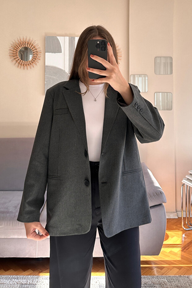 Antrasit Premium Çift Düğmeli Oversize Blazer Ceket - 6