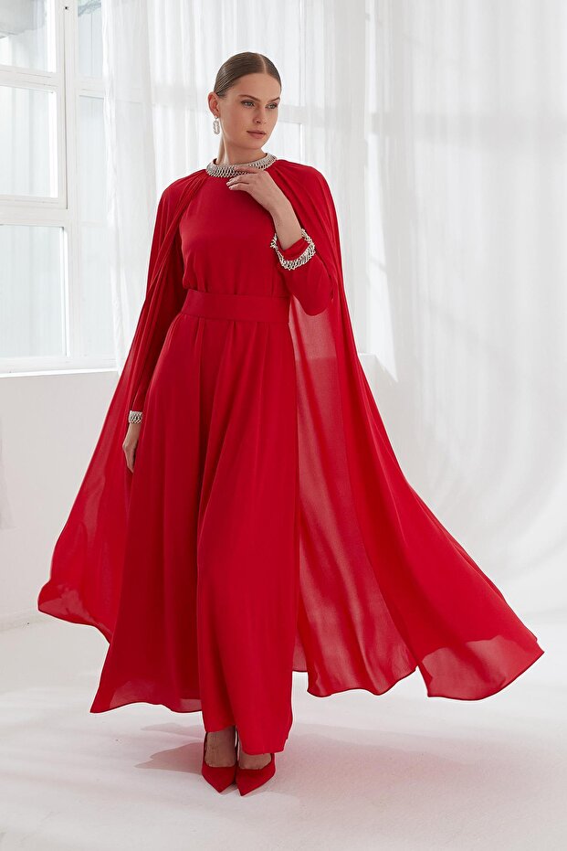 Multi Chiffon Cape Dress Red