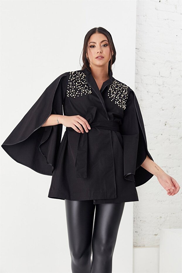 Pearl Embroidered Bat Sleeve Belted Jacket Black