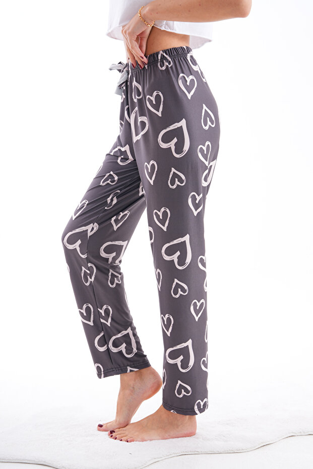 Heart Patterned Soft Textured Elastic Waist Lycra Pajama Bottom - 3