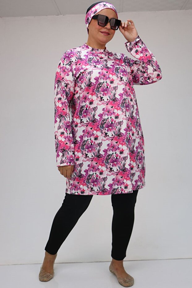 1727 Plus Size Uzunkol Hijab Swimsuit Set - Pink - Gray