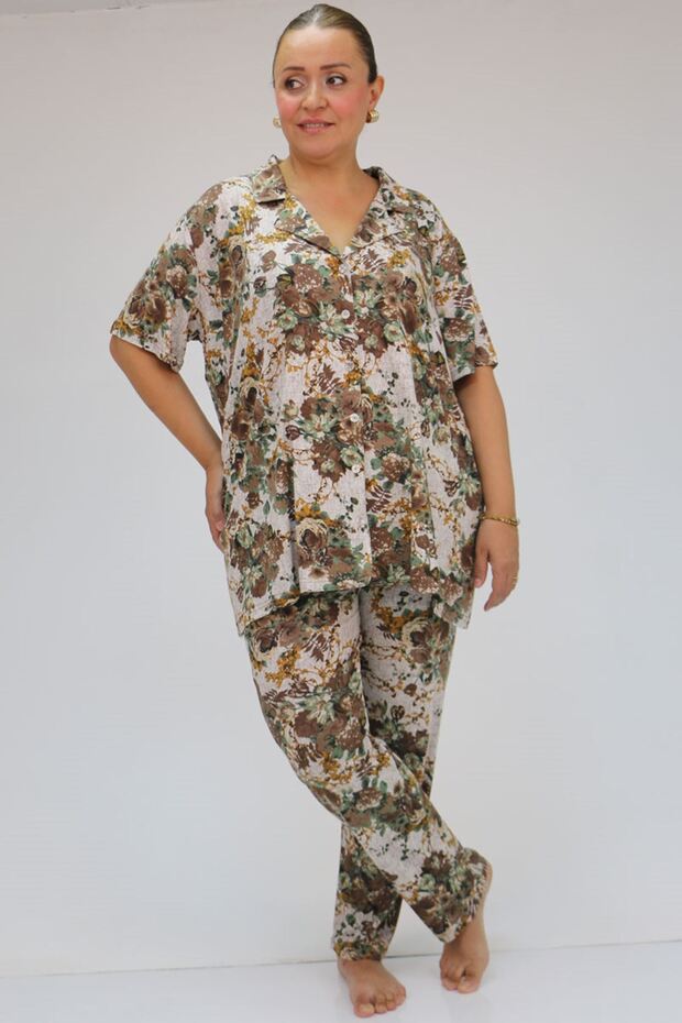37801 Viscose Pajama Set - Plus Size, Buttoned and Floral Patterned Beige-brown - 2