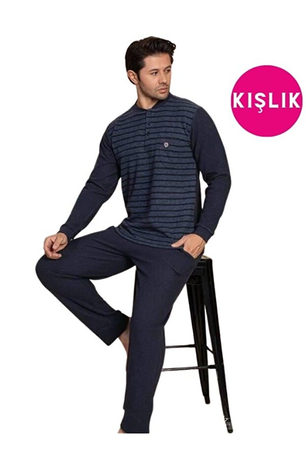 Guava Erkek 3 Düğmeli Desenli Uzun Kol Göğüs Cepli Selanik Kumaş Kışlık Kalın Cepli Pijama Takımı - 1