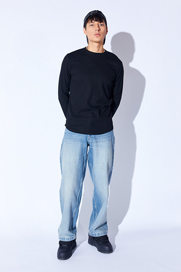 Siyah Bisiklet Yaka Jakarlı Dokulu Kumaş Slim Fit Basic Uzun Kol Erkek Tshirt | EE1000229956 - 4