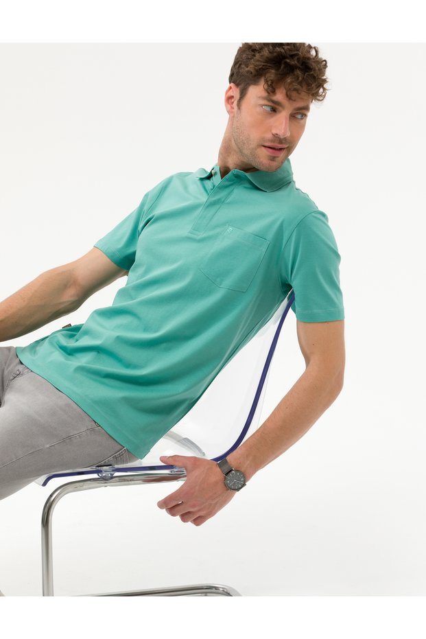 Green Regular Fit 100% Mercerized Cotton Buttoned Polo Collar Basic T-Shirt 50262668-Vr016