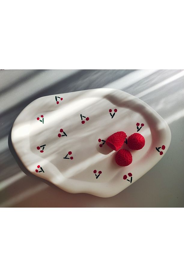 24cm dalgalı kiraz desen sunum tepsisi kahve tepsisi takı tabağı - 1