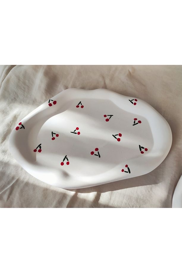 24cm dalgalı kiraz desen sunum tepsisi kahve tepsisi takı tabağı - 2