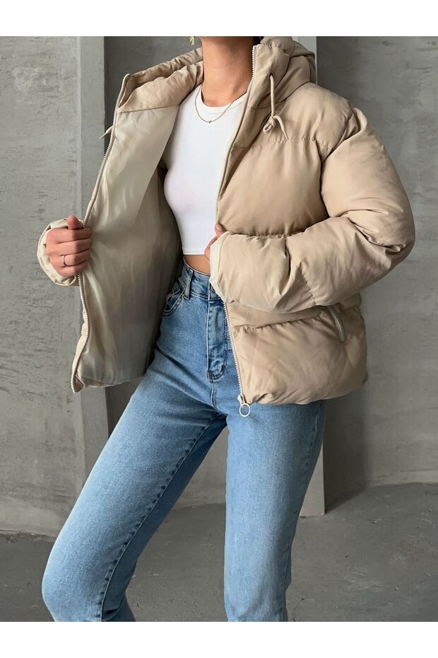 KADIN KREM KAPÜŞONLU MONT - 3