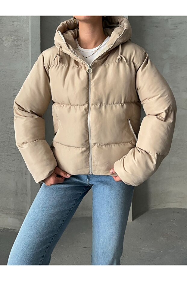 KADIN KREM KAPÜŞONLU MONT - 6