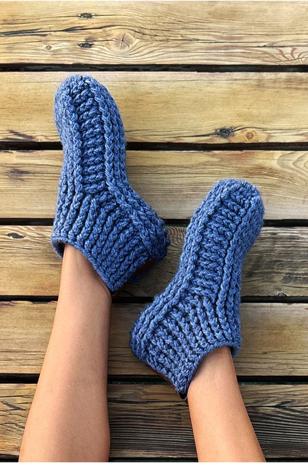 El Örgüsü Tığ İşi Örgü Yün Patik Ev Terliği Botu Denim Mavi - 2