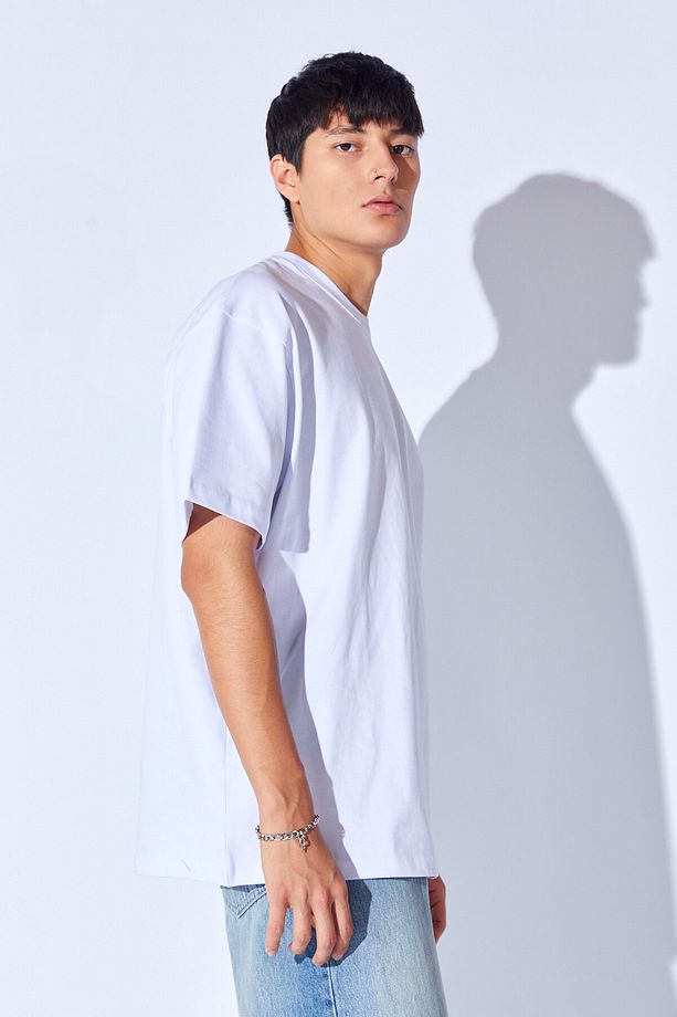 Beyaz  Kalın Gramajlı Soft Dokulu Fırçalı Yüksek Baskılı Oversize Erkek Tshirt | MNN211049-01 - 6