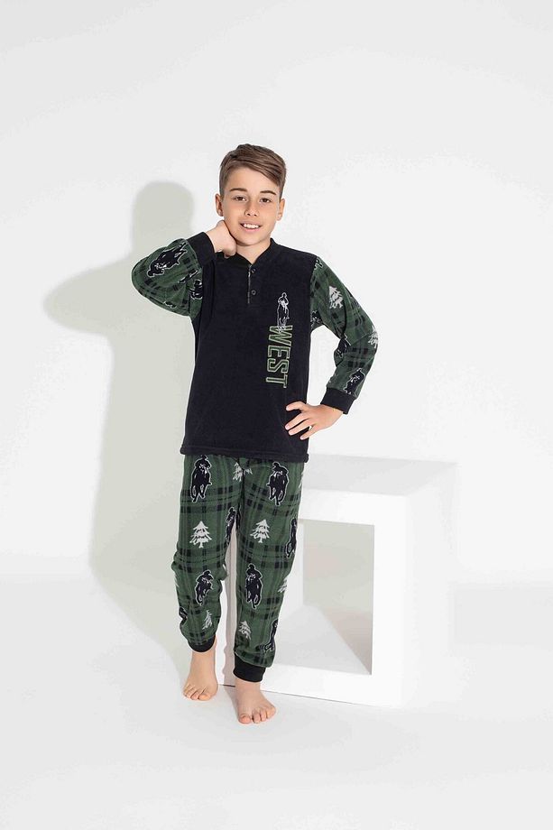 Erkek Genç Ve Çocuk West Nakışlı Uzun Kollu Polar Kumaş Kışlık Sıcak Tutan Pijama Takımı - 2