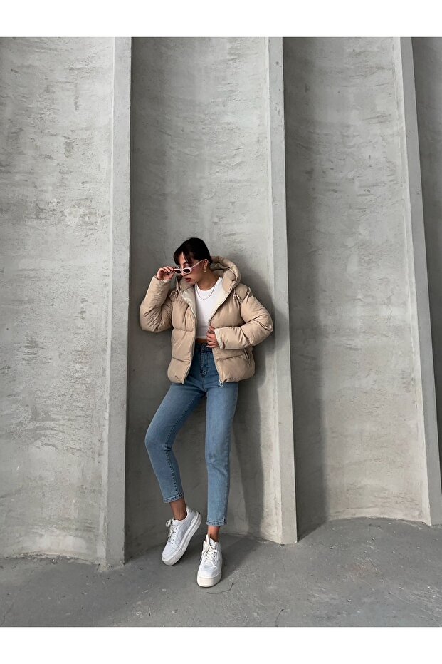 KADIN KREM KAPÜŞONLU MONT - 5