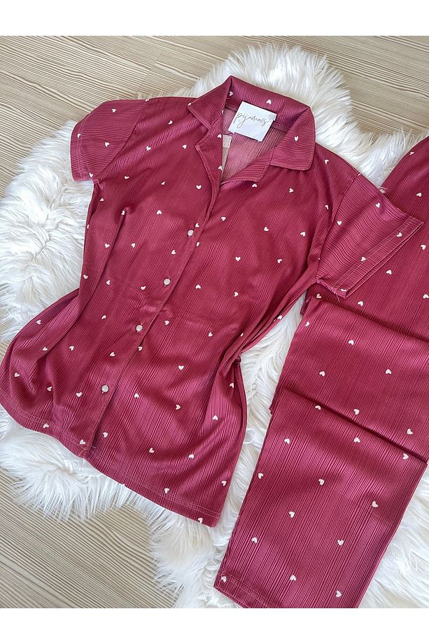 Koyu Pembe Kalp Desenli Pegasus Kısa Kol Pijama Takımı - 8